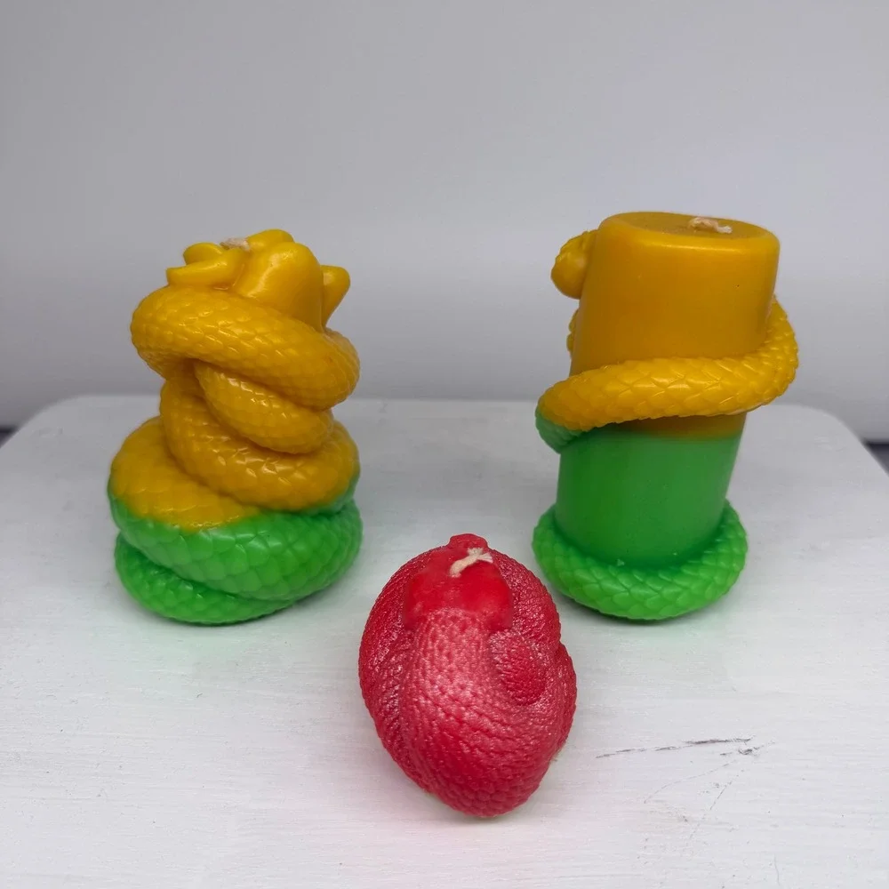 Soy Novelty Candle Set of 3 Bright Red Yellow Green Skull Snake Goth Art Odditiy